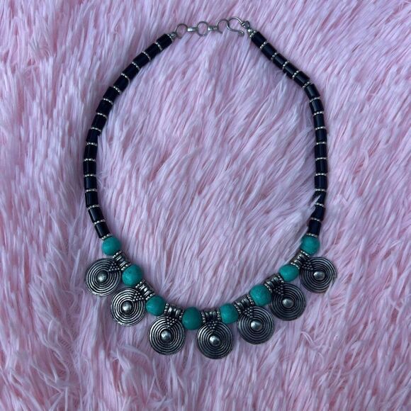 Mexicali Blues Single Strand Necklace Turquoise Obsidian Silver Boho Jewelry - Picture 6 of 9